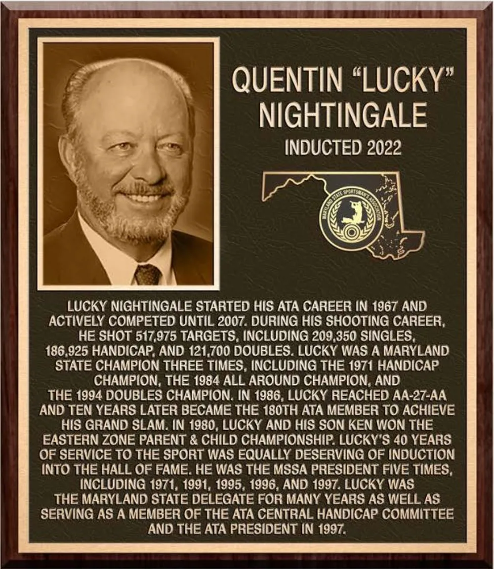 Hall of Fame plaque for Quentin "Lucky" Nightingale